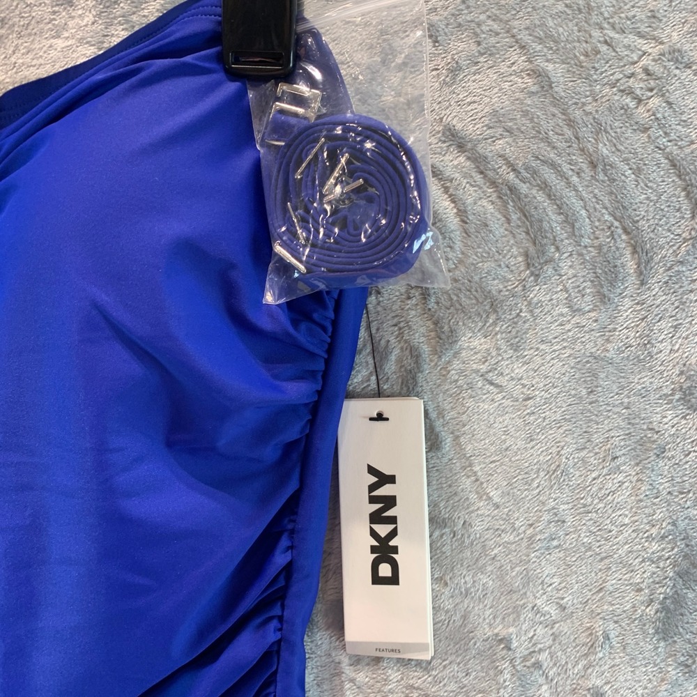DKNY Womens Royal Blue Ruched Bandeau One Piece Swimsuit DIMMS605 L - Picture 3 of 7